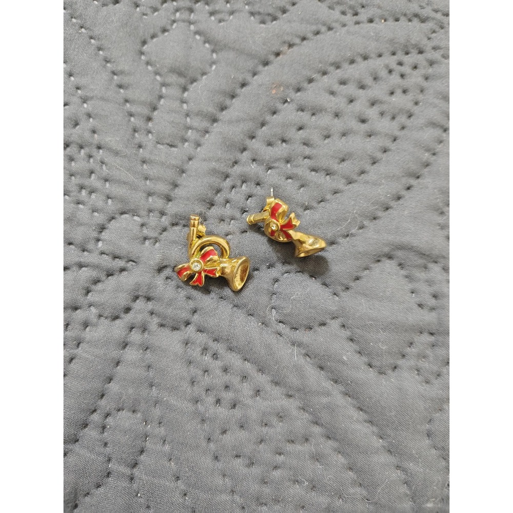 Vintage Gold Tone Trumpet Horn Stud Earrings Red Enamel Bow Rhinestone Musical